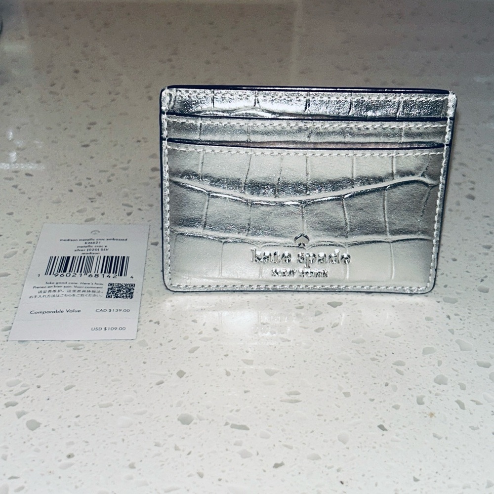 ♠️ Kate Spade Madison Croc Embossed Mini Crossbody & Slim Card Holder Silver NWT - Picture 13 of 17